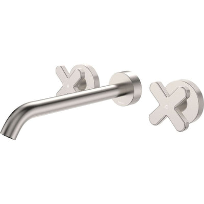 Fienza Kaya Cross Taps Wall Basin/Bath 220mm Outlet Set, Brushed Nickel