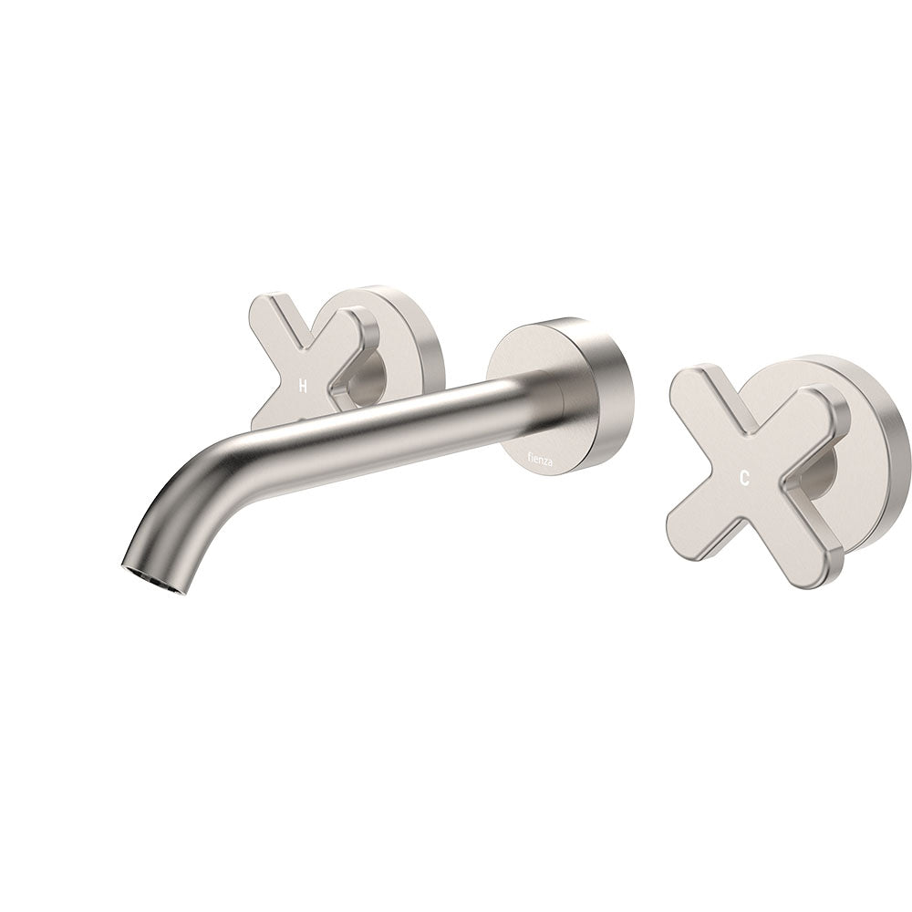 Fienza Kaya Cross Taps Wall Basin/Bath 180mm Outlet Set, Brushed Nickel