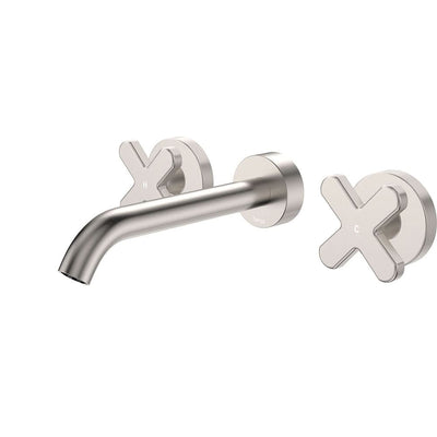 Fienza Kaya Cross Taps Wall Basin/Bath 180mm Outlet Set, Brushed Nickel