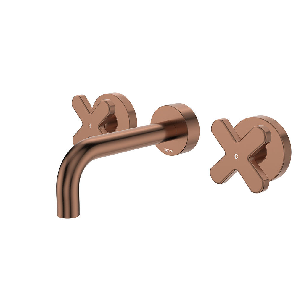 Fienza Kaya Cross Taps Wall Basin/Bath 130mm Outlet Set, Brushed Copper