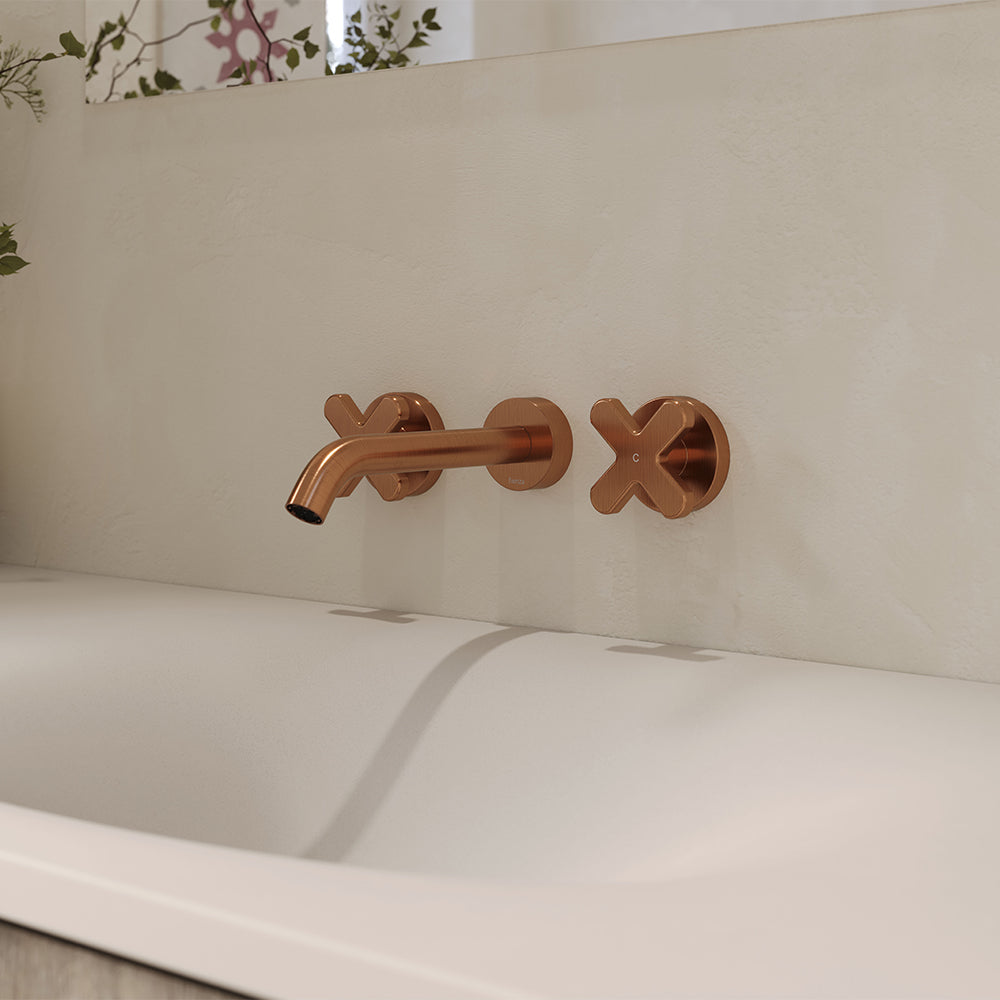 Fienza Kaya Cross Taps Wall Basin/Bath 180mm Outlet Set, Brushed Copper