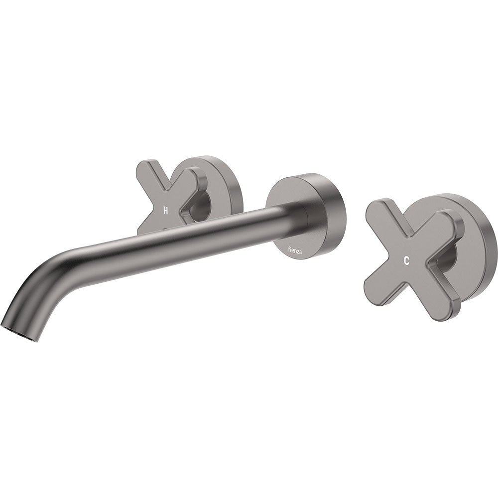 Fienza Kaya Cross Taps Wall Basin/Bath 220mm Outlet Set, Gun Metal