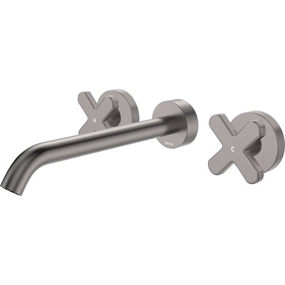 Fienza Kaya Cross Taps Wall Basin/Bath 220mm Outlet Set, Gun Metal