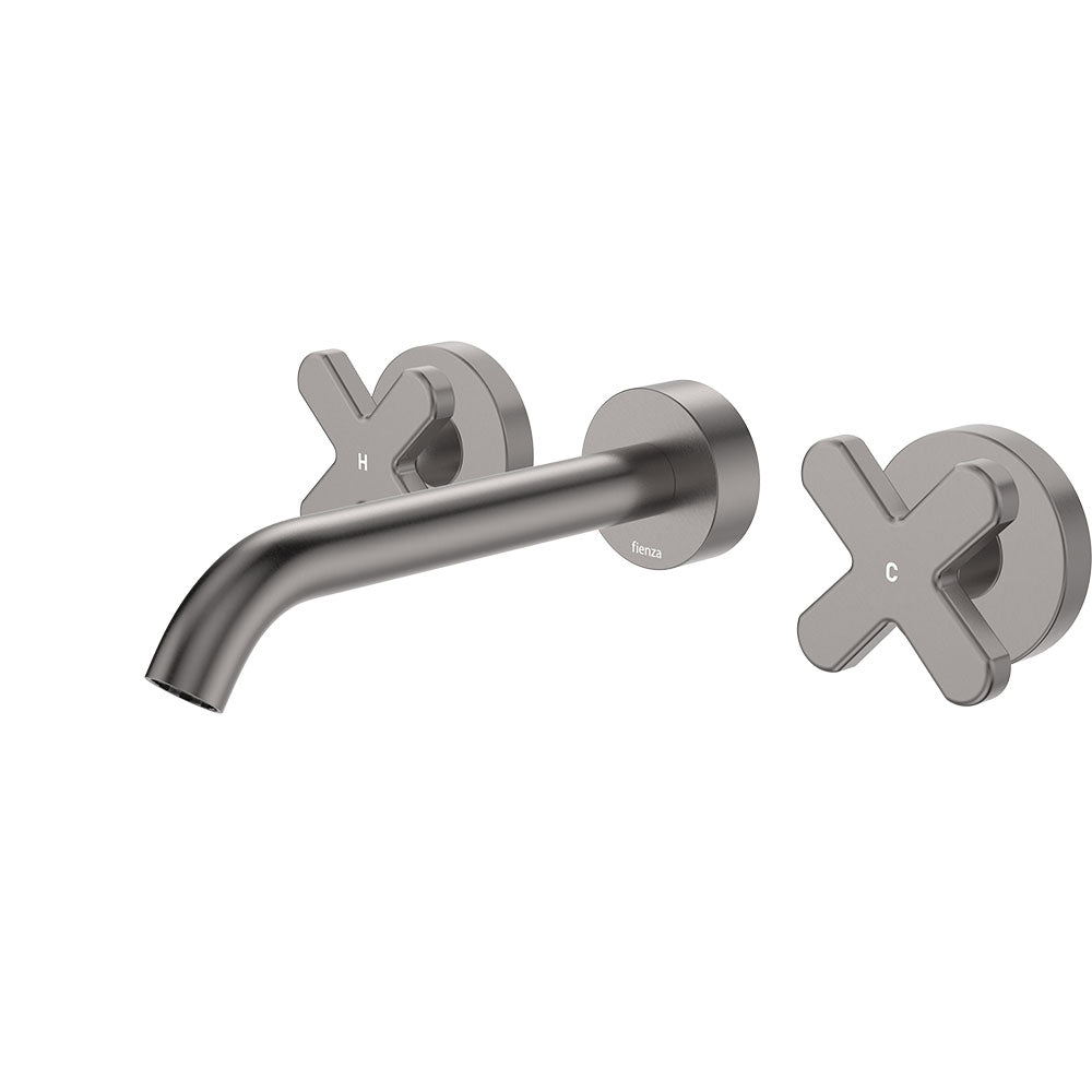 Fienza Kaya Cross Taps Wall Basin/Bath 180mm Outlet Set, Gun Metal