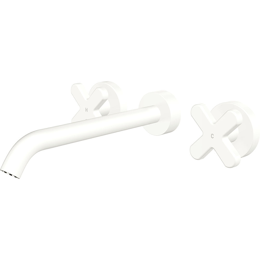 Fienza Kaya Cross Taps Wall Basin/Bath 220mm Outlet Set, Matte White