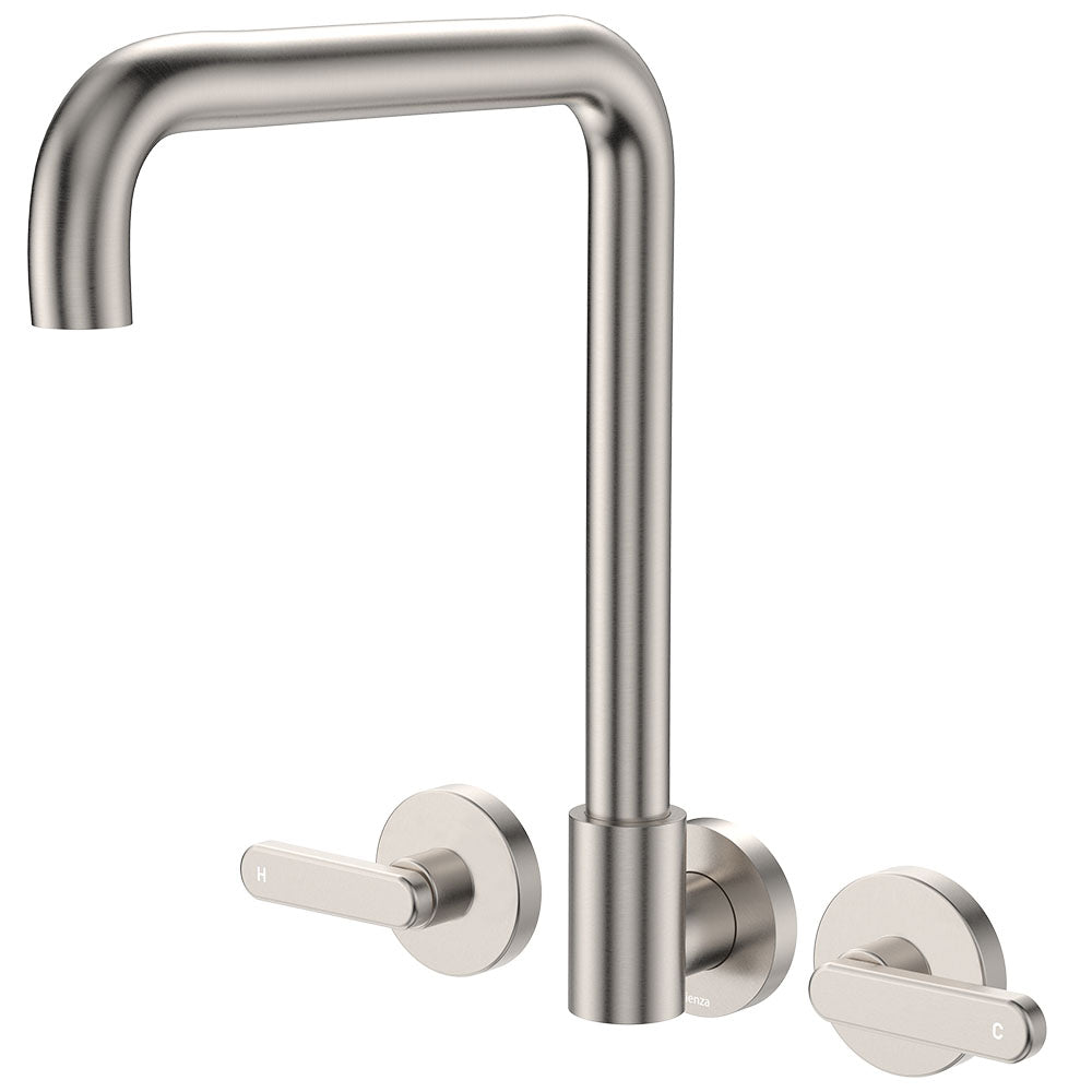 Fienza Kaya Lever Taps Squareline Wall Set, Brushed Nickel