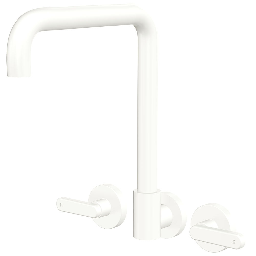 Fienza Kaya Lever Taps Squareline Wall Set, Matte White