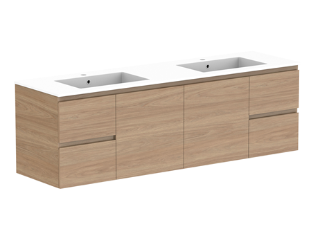 ADP Glacier Door & Drawer Twin Wall Hung Vanity - 1800mm / Cast Marble Moulded Top / Double Bowl