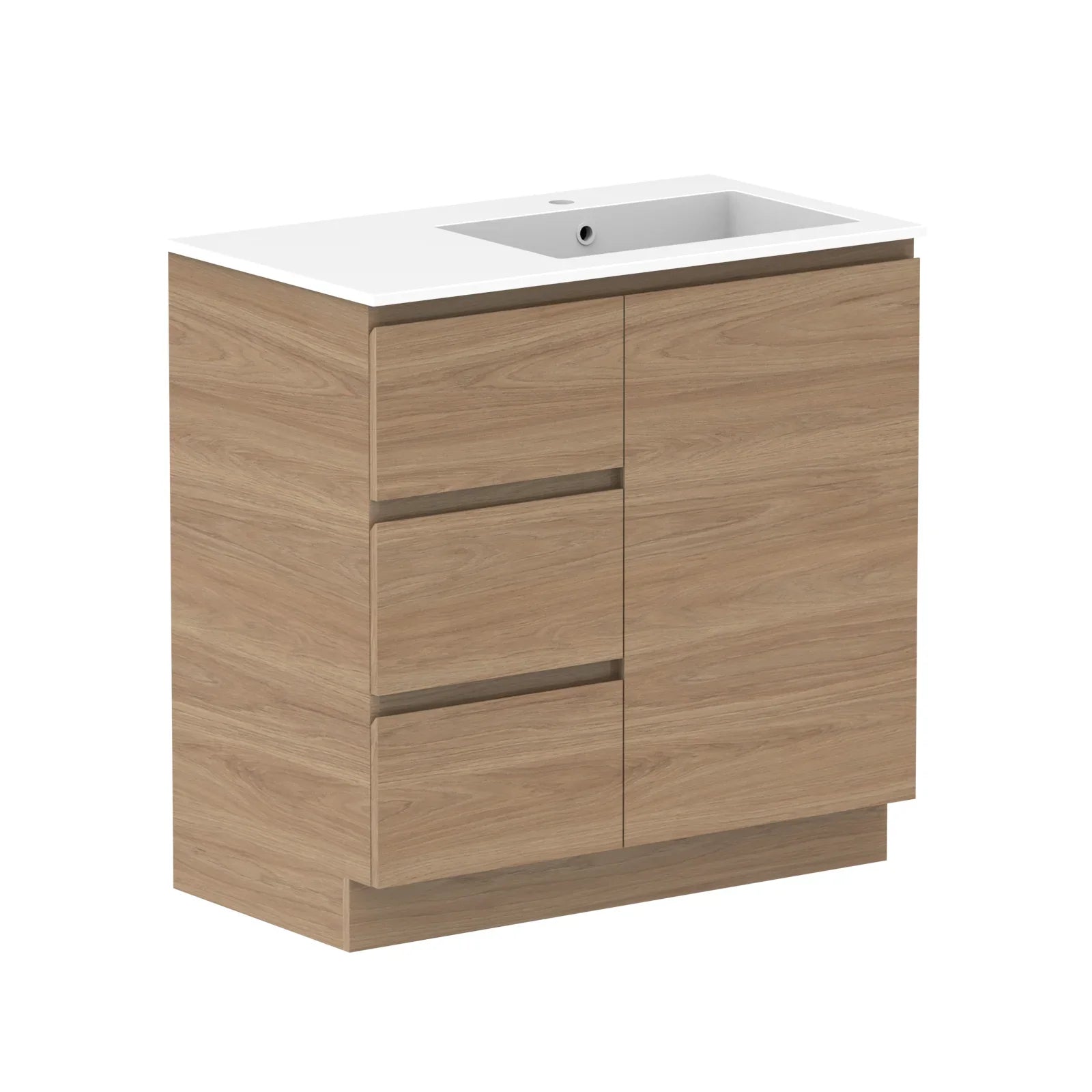 ADP Glacier Door and Drawer Trio Freestanding Vanity - 900mm / Cast Marble Moulded Top / Right Hand Bowl