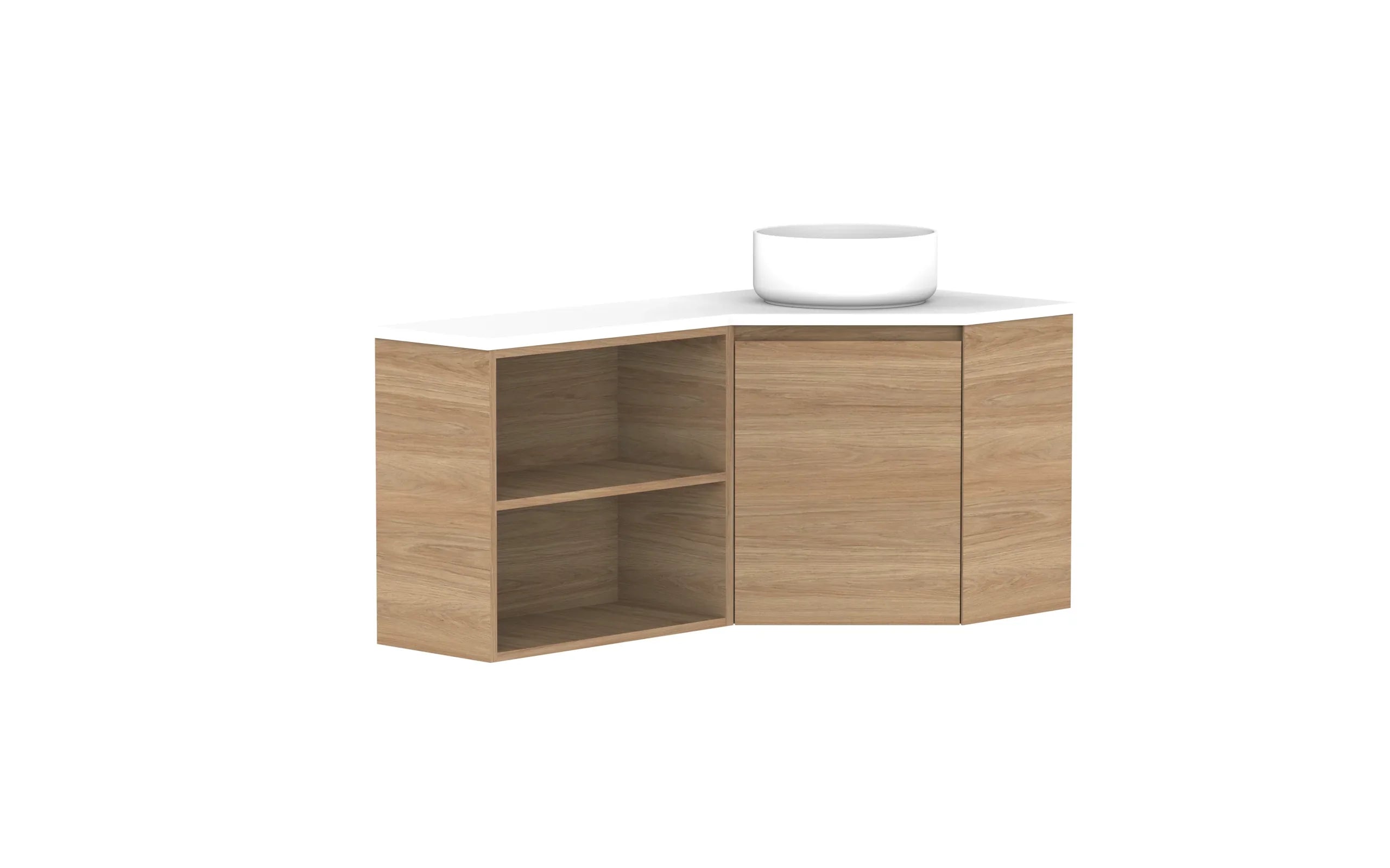 ADP Glacier Corner Wall Hung Vanity Open Shelf - 600x1200mm / Stone Benchtop / Right Hand Bowl
