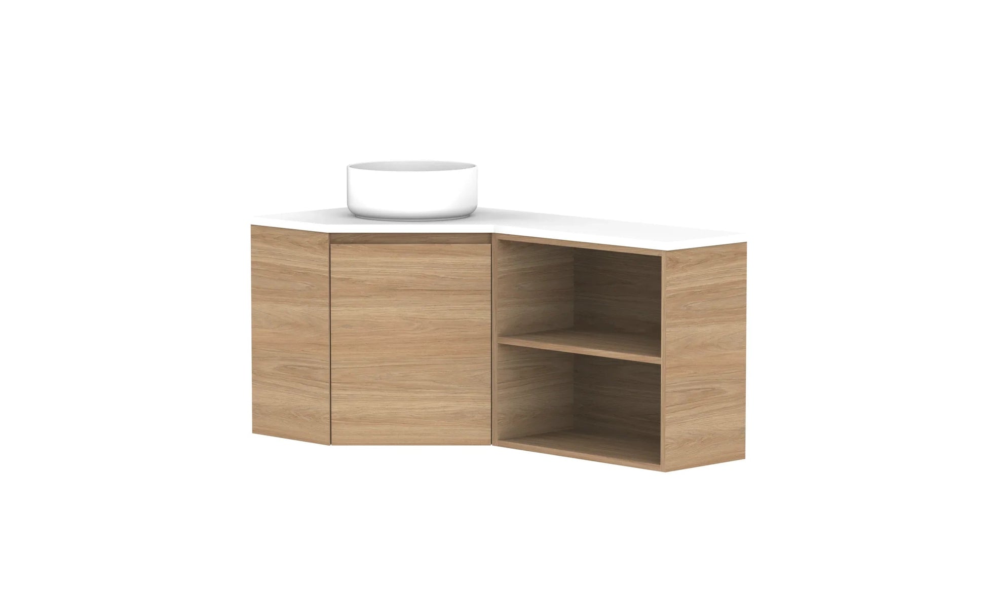 ADP Glacier Corner Wall Hung Vanity Open Shelf - 600x1200mm / Stone Benchtop / Left Hand Bowl