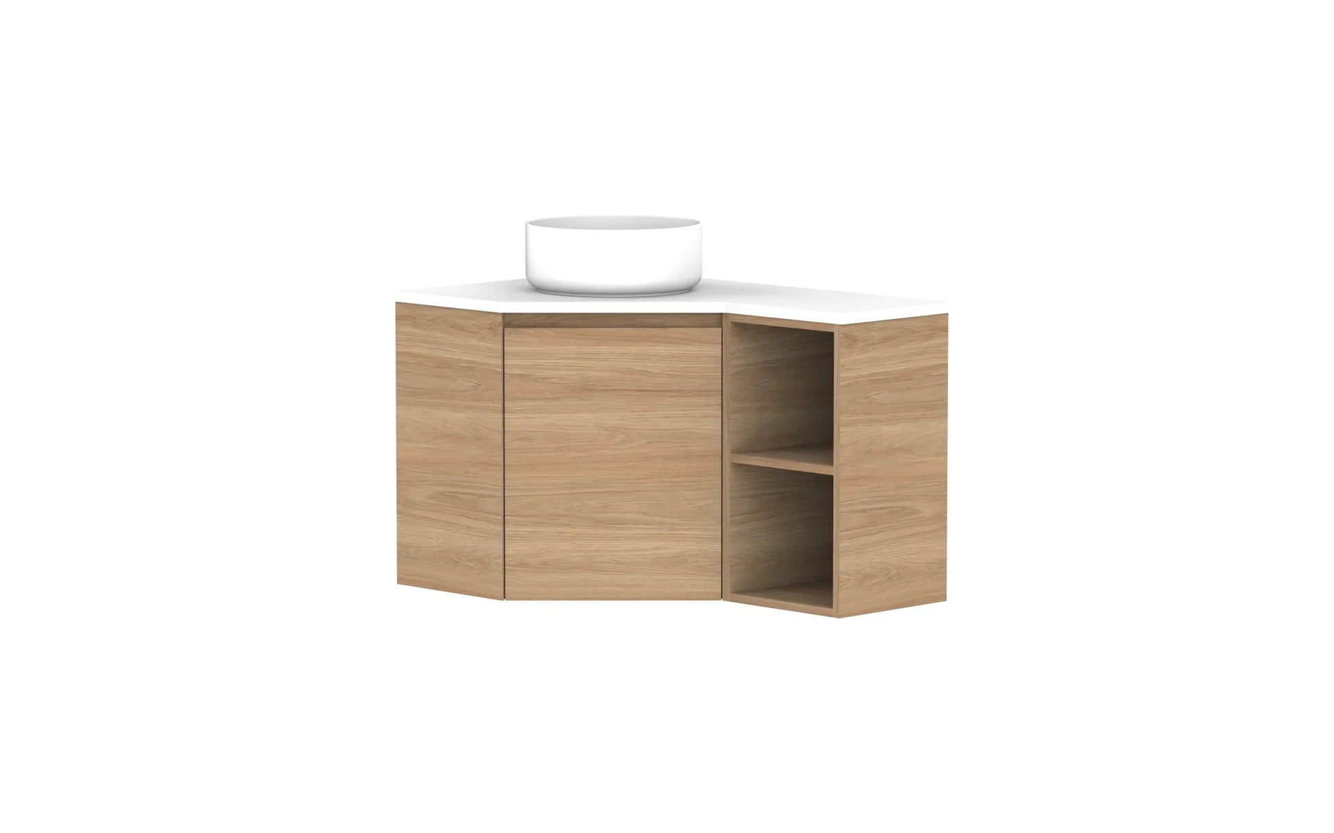 ADP Glacier Corner Wall Hung Vanity Open Shelf - 600x900mm / Stone Benchtop / Left Hand Bowl