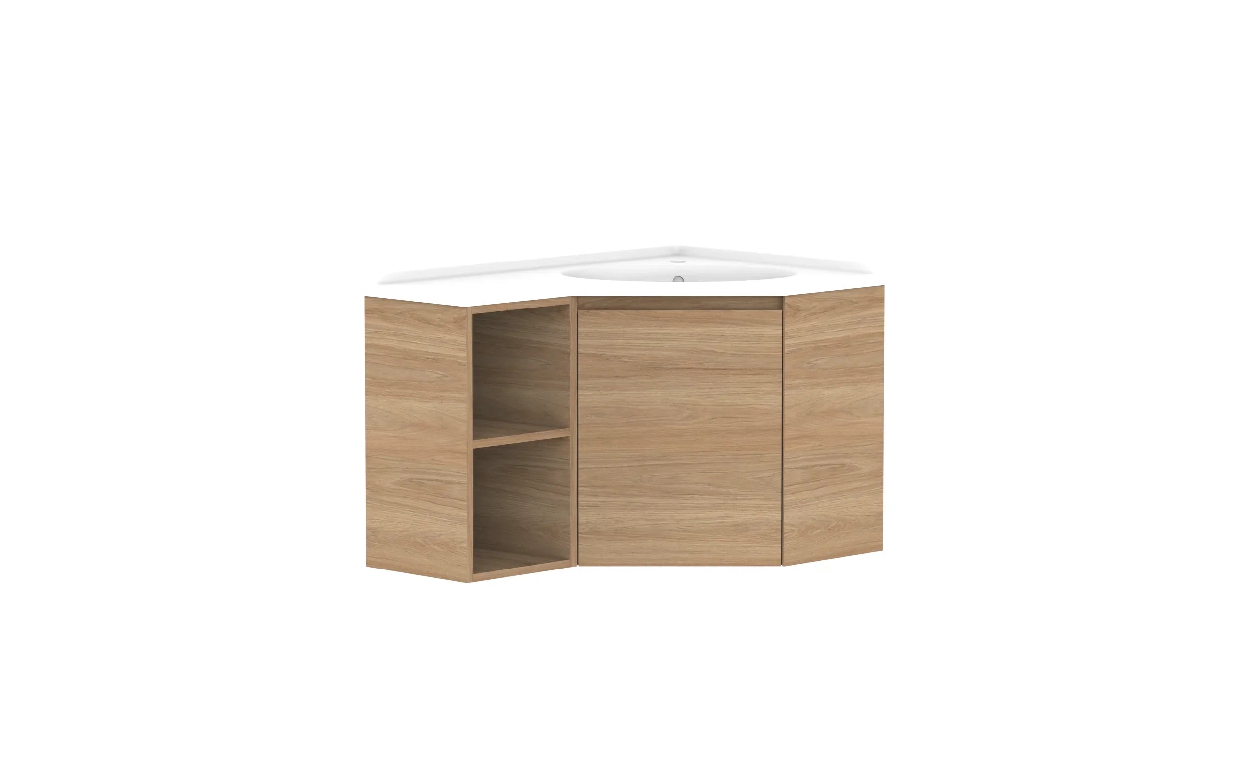 ADP Glacier Corner Wall Hung Vanity Open Shelf - 600x900mm / Cast Marble Moulded Top / Right Hand Bowl