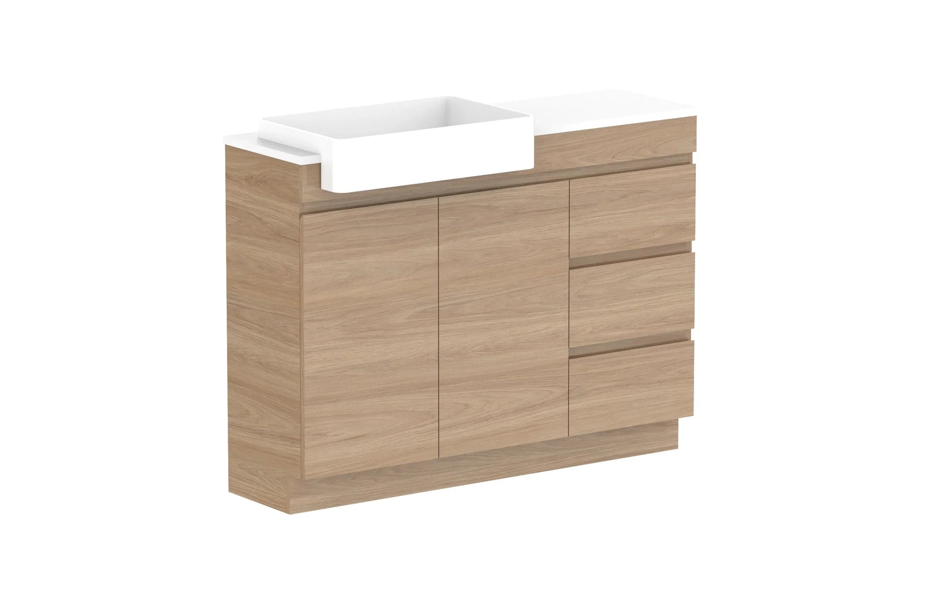 ADP Glacier Semi-Recessed Door and Drawer Trio Freestanding Vanity - 1200mm / Stone Benchtop / Left Hand Bowl