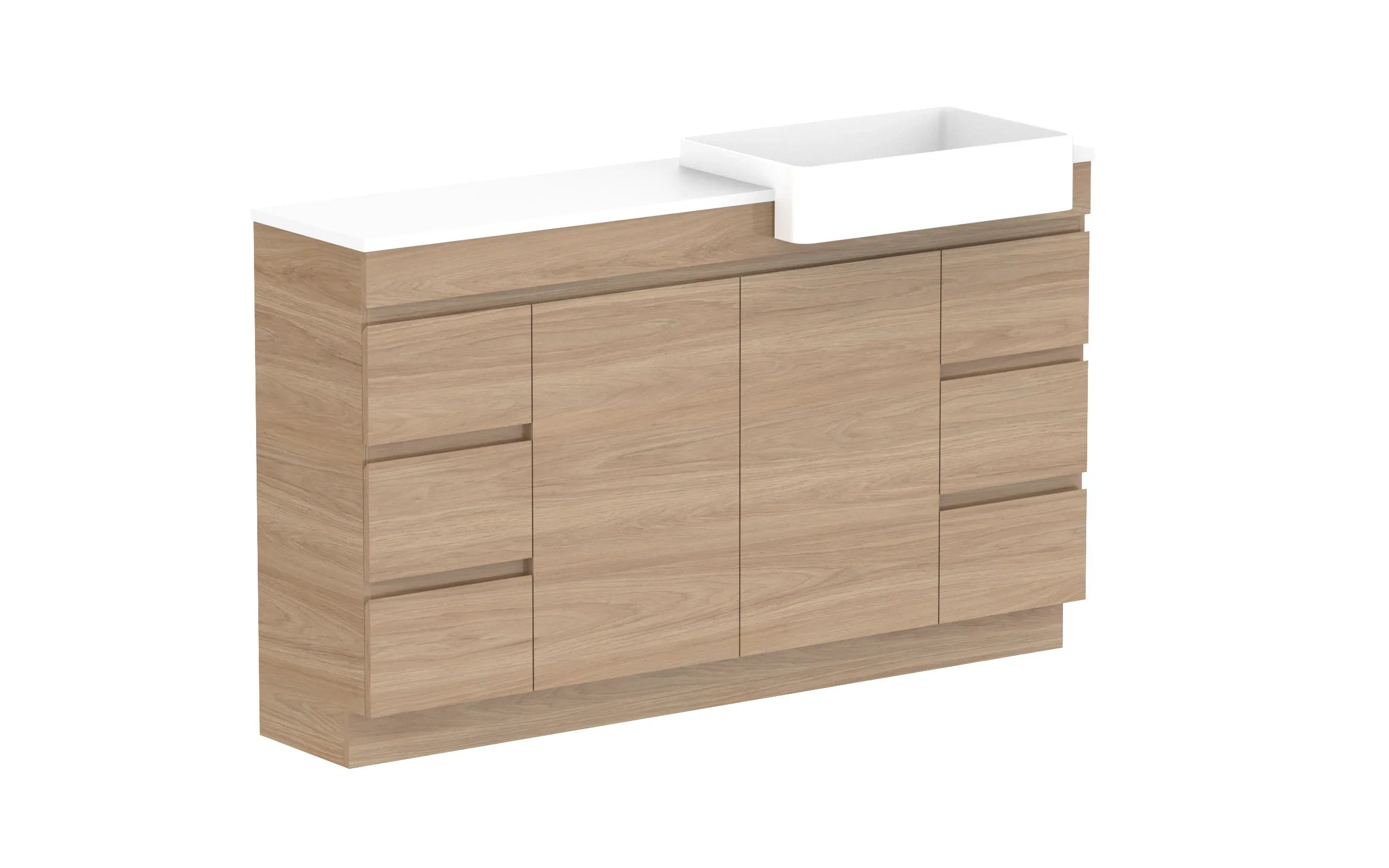 ADP Glacier Semi-Recessed Door and Drawer Trio Freestanding Vanity - 1500mm / Stone Benchtop / Right Hand Bowl