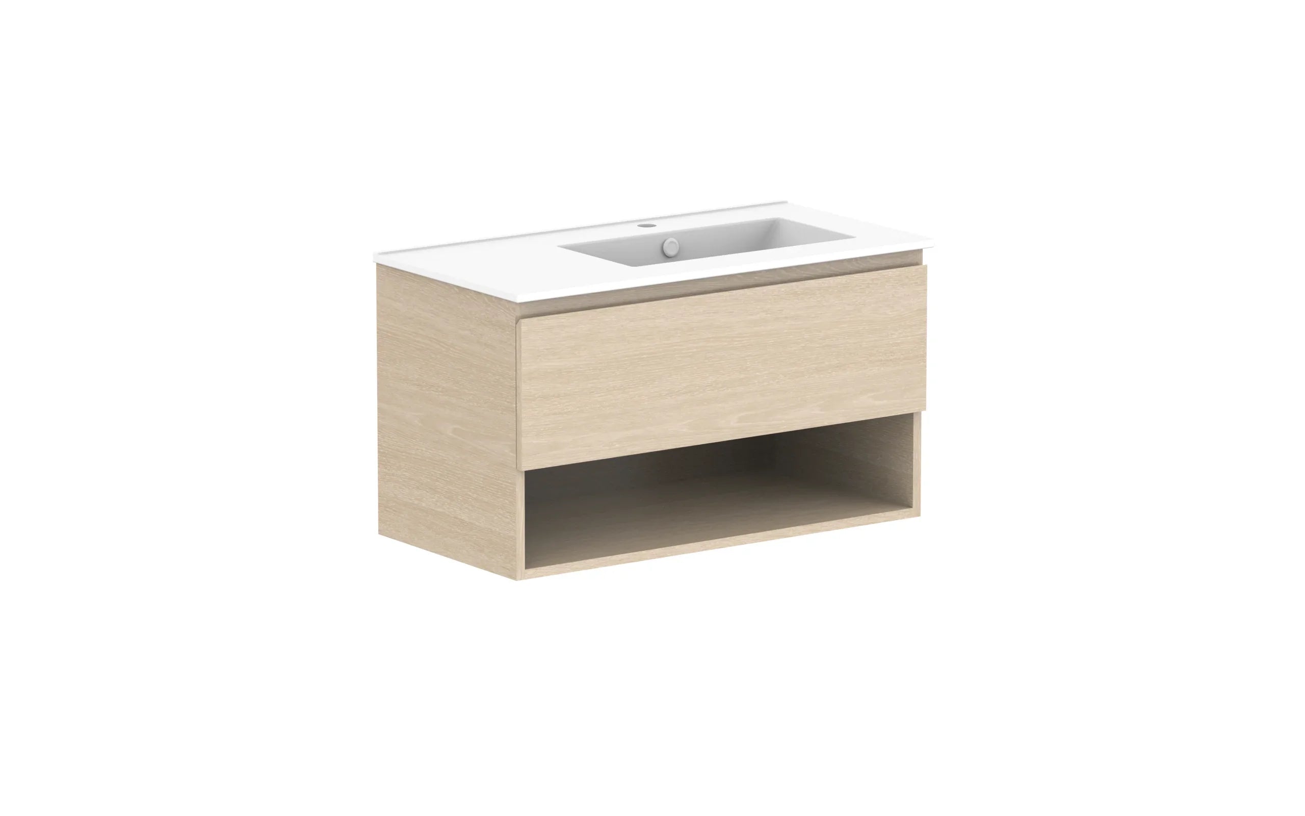 ADP Glacier Shelf Slim Wall Hung Vanity - 900mm / Ceramic Moulded Top / Right Hand Bowl