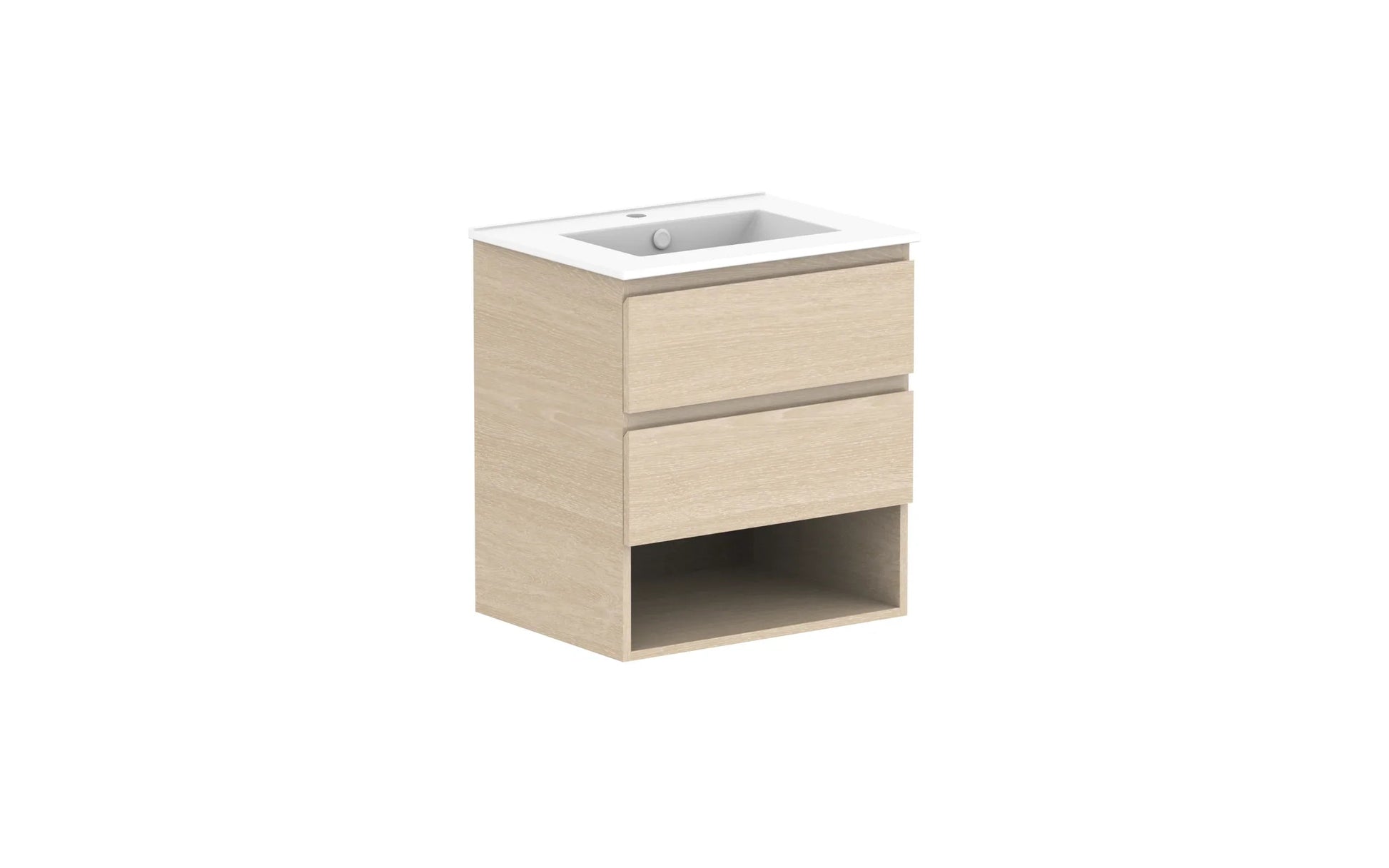 ADP Glacier Shelf Twin Wall Hung Vanity - 600mm / Ceramic Moulded Top / Centre Bowl