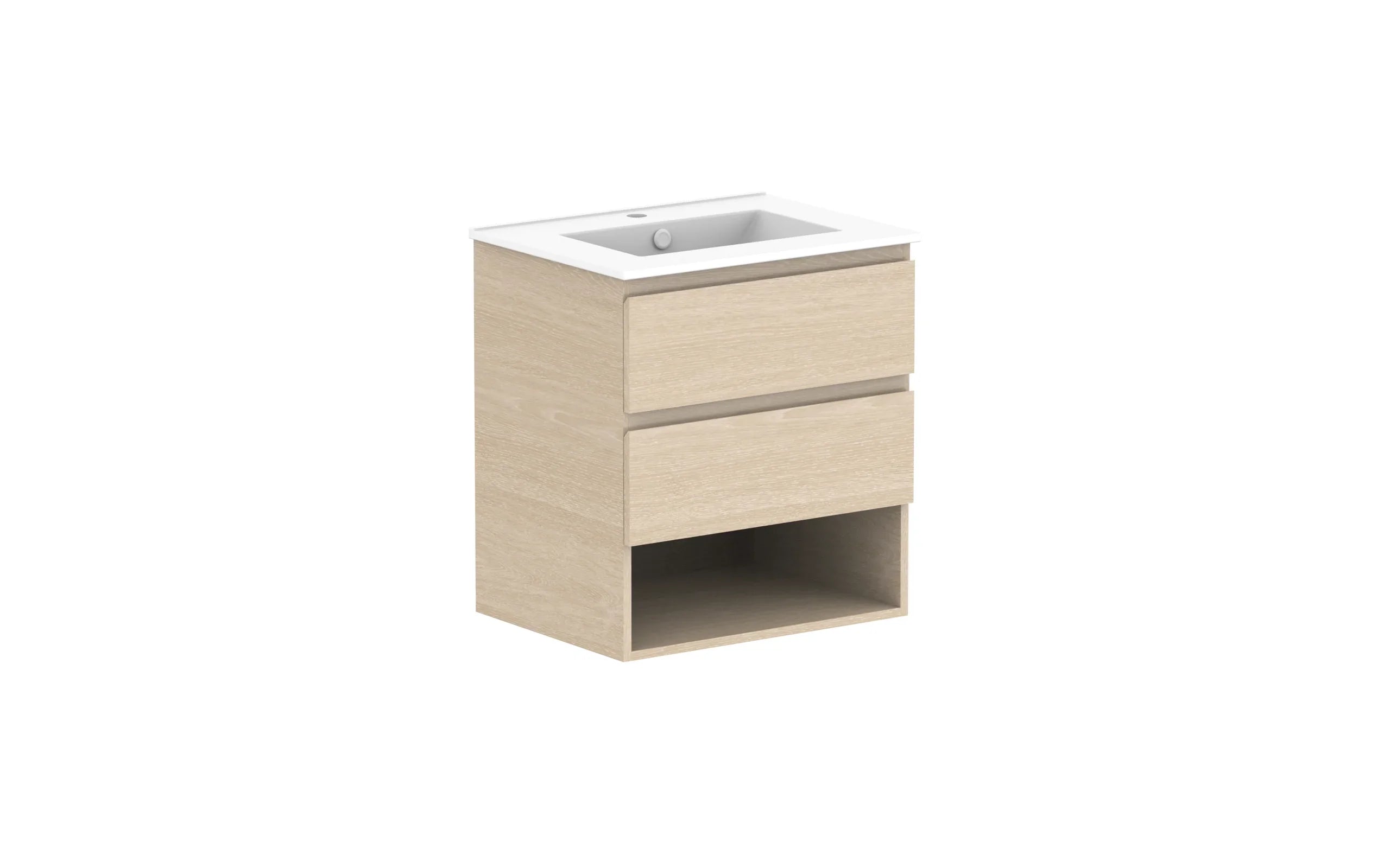ADP Glacier Shelf Twin Wall Hung Vanity - 600mm / Ceramic Moulded Top / Centre Bowl