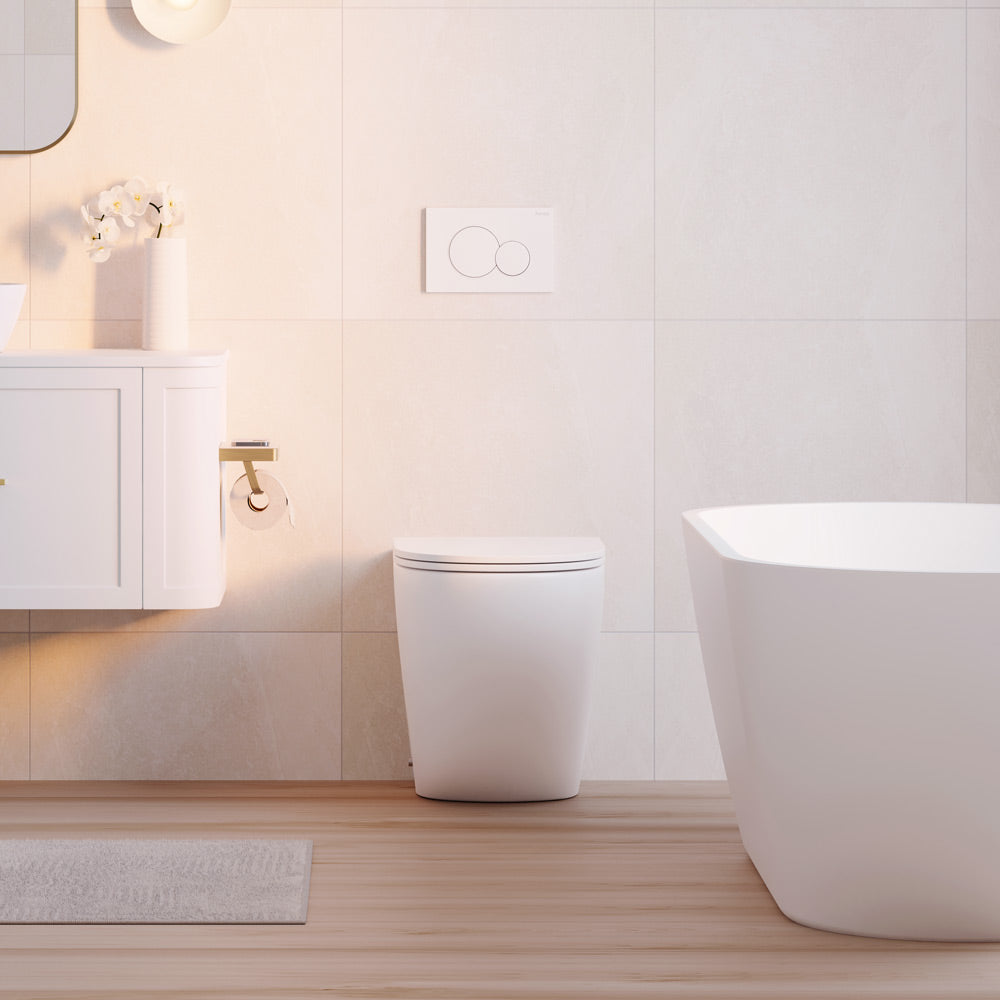 Fienza Koko Tornado Wall-Faced Slim Seat Gloss Wh P-Trap VIEGA V-03 Under Counter Cistern No Button, Gloss White