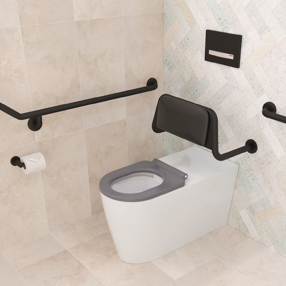 Fienza Isabella Care Wall-Faced Suite P-Trap Seat R&T Cistern with Black Flush Button, Grey