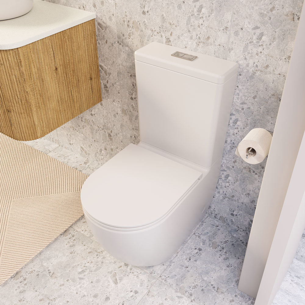 Fienza Joli Tornado Flush Back-to-Wall Toilet Suite, Gloss White with Slim Seat