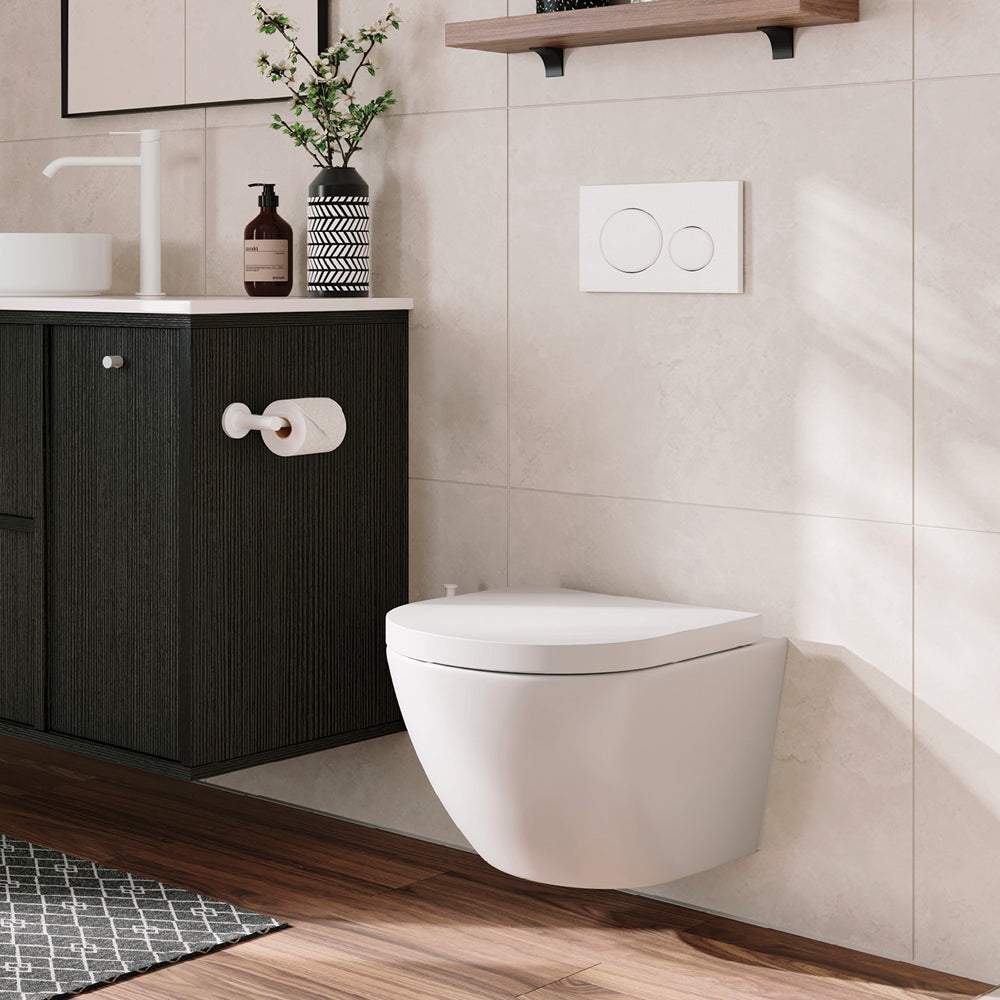 Fienza Koko Tornado Wall-Hung VIEGA V-04 Under Counter Cistern P-Trap Slim Seat No Button, Gloss White