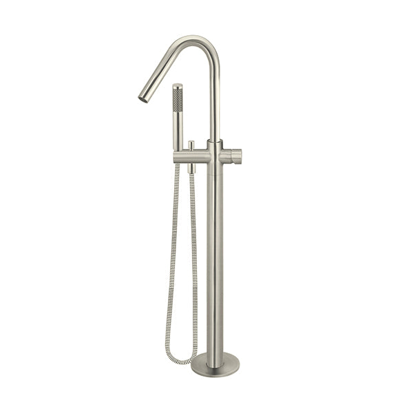 Round Pinless Freestanding Bath Spout and Hand Shower, Brushed Nickel