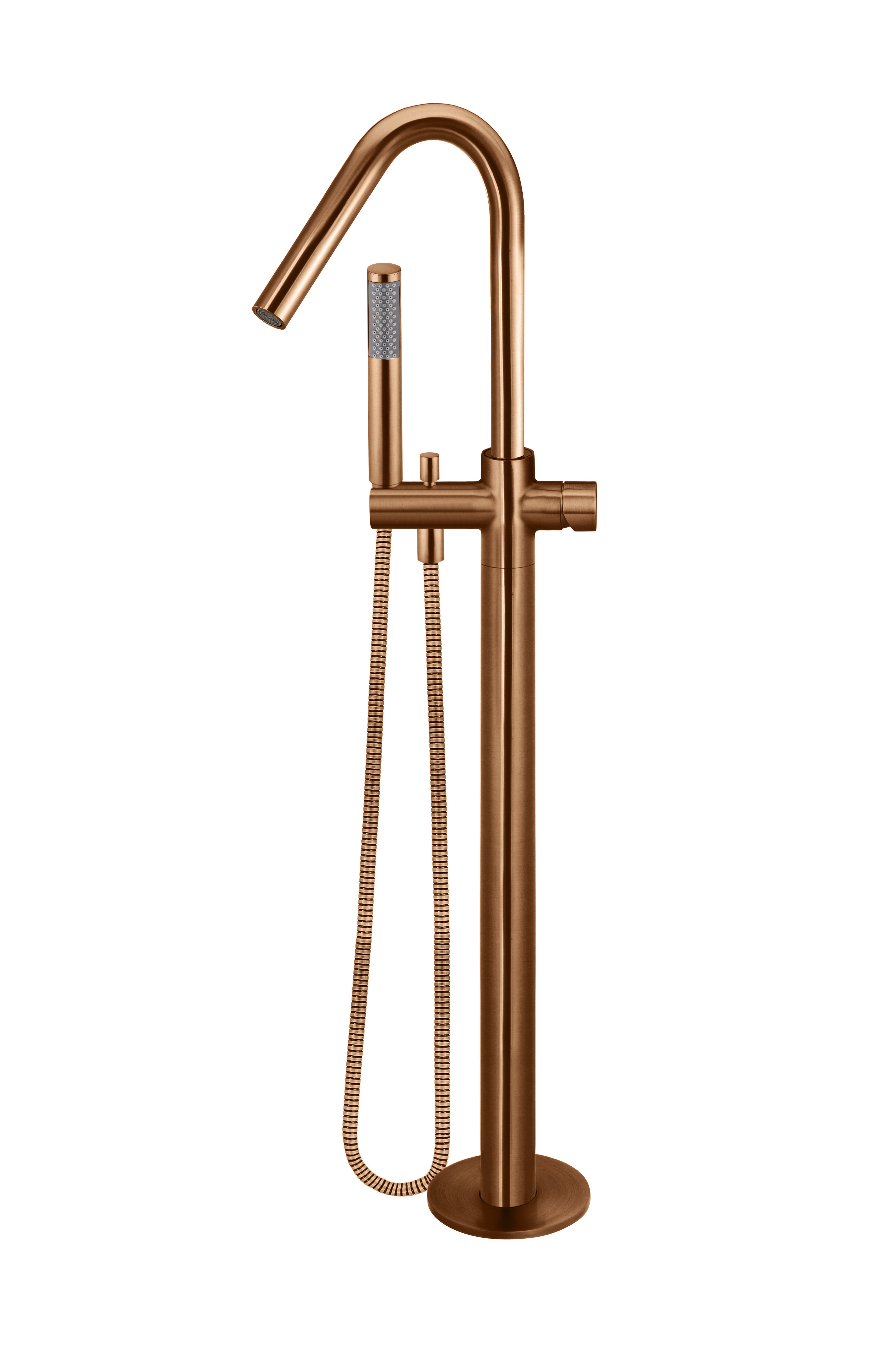 Round Pinless Freestanding Bath Spout and Hand Shower, Lustre Bronze