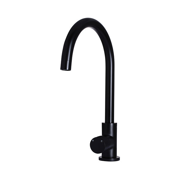Round Pinless Gooseneck Kitchen Mixer Tap, Matte Black