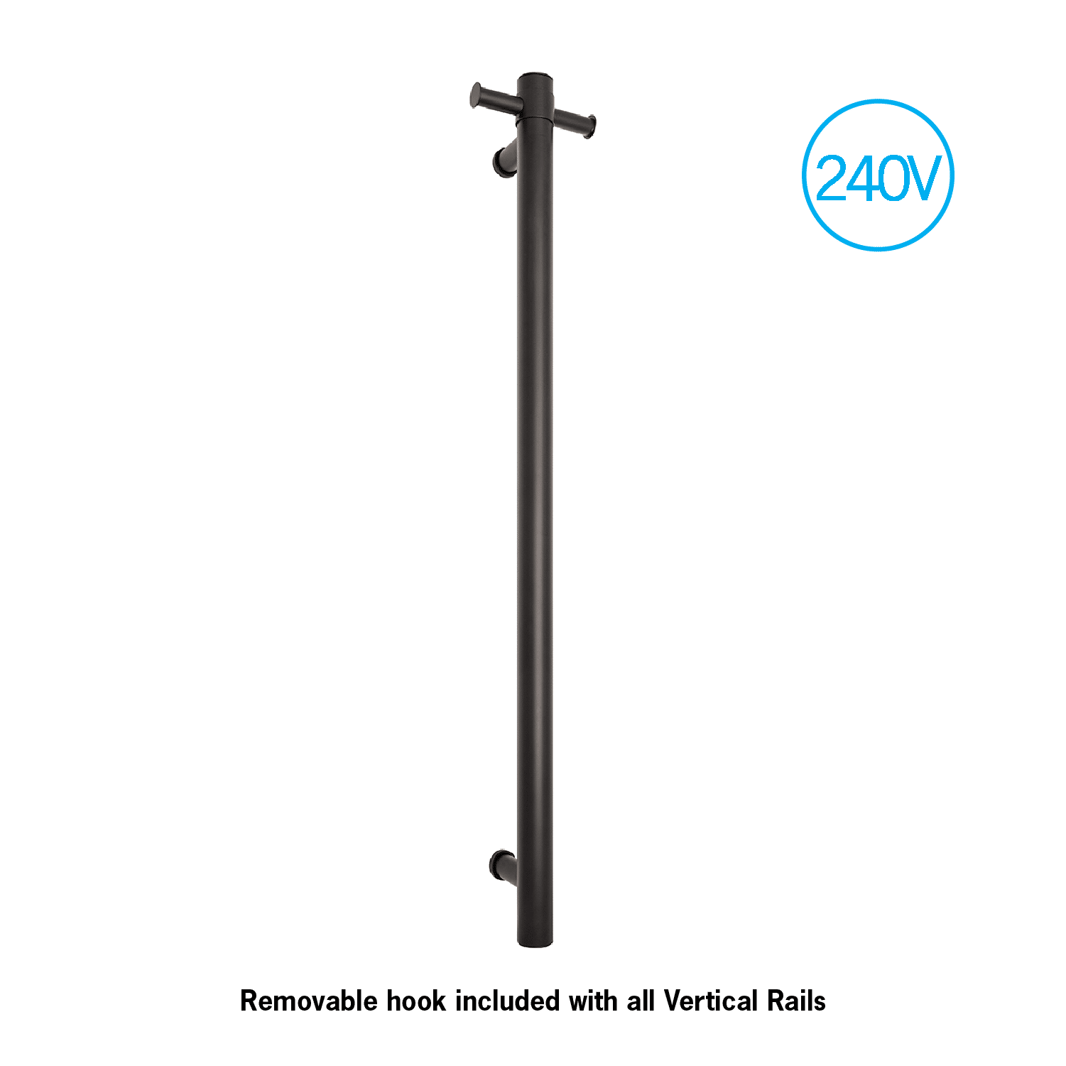 Thermogroup Thermorail Straight/Round 240Volt Vertical Bar 900x142x100mm 22Watt With Optional Hook, Matt Black