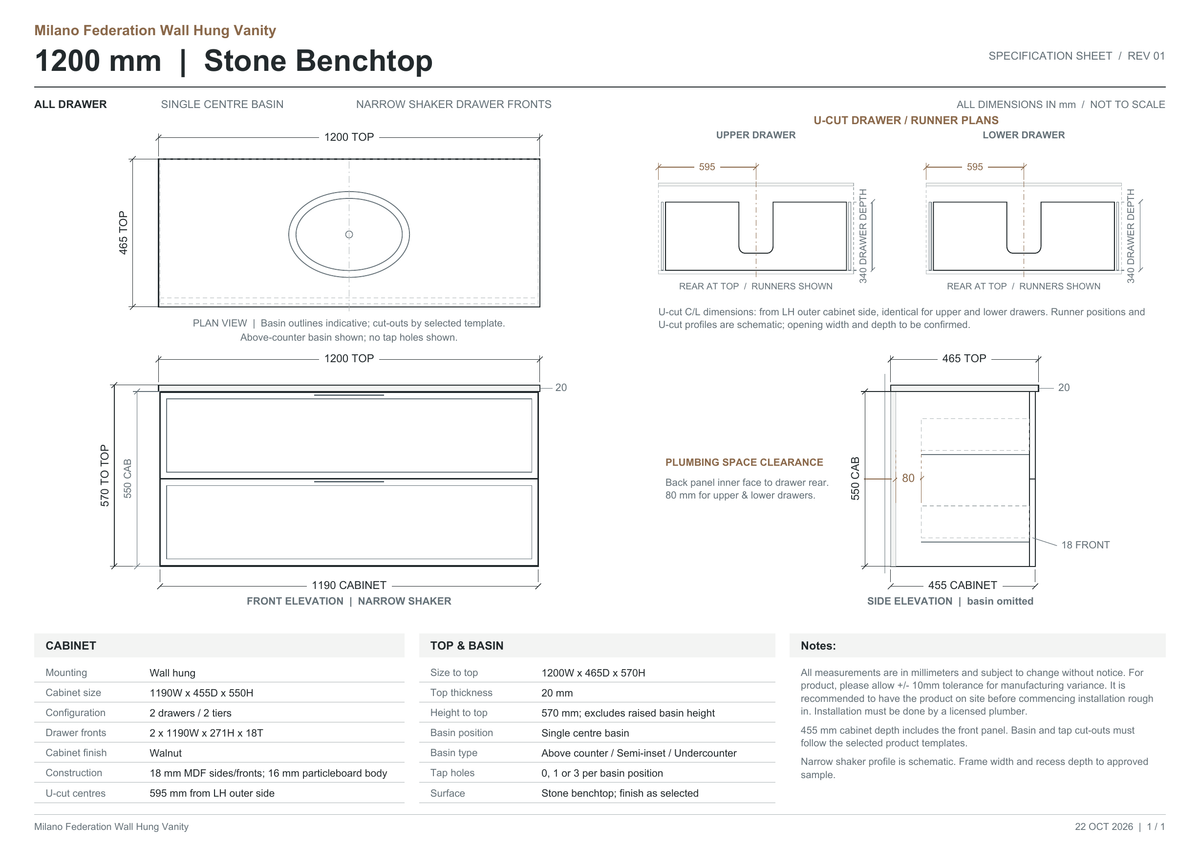 Milano Federation 1200mm Walnut Stone Benchtop dimensions with narrow shaker drawers and U-cut plumbing clearance