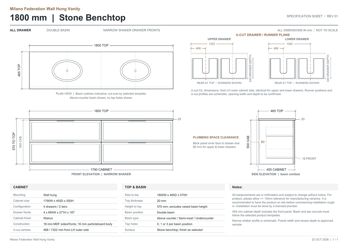 Milano Federation 1800mm Walnut stone benchtop dimensions with double basin layout, narrow shaker drawers and U-cut plumbing clearance