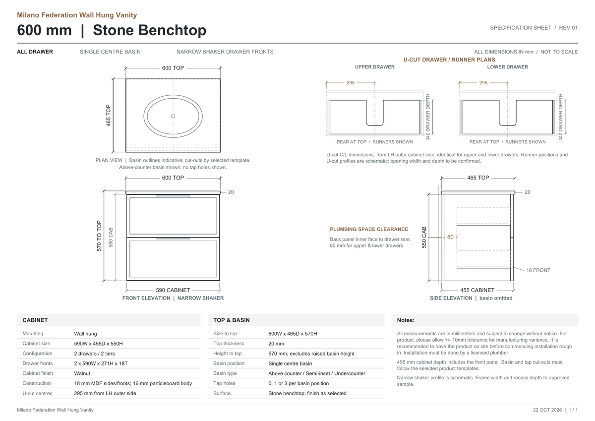 Milano Federation 600mm Walnut wall hung vanity stone benchtop dimensions, narrow shaker drawers and U-cut plumbing clearance