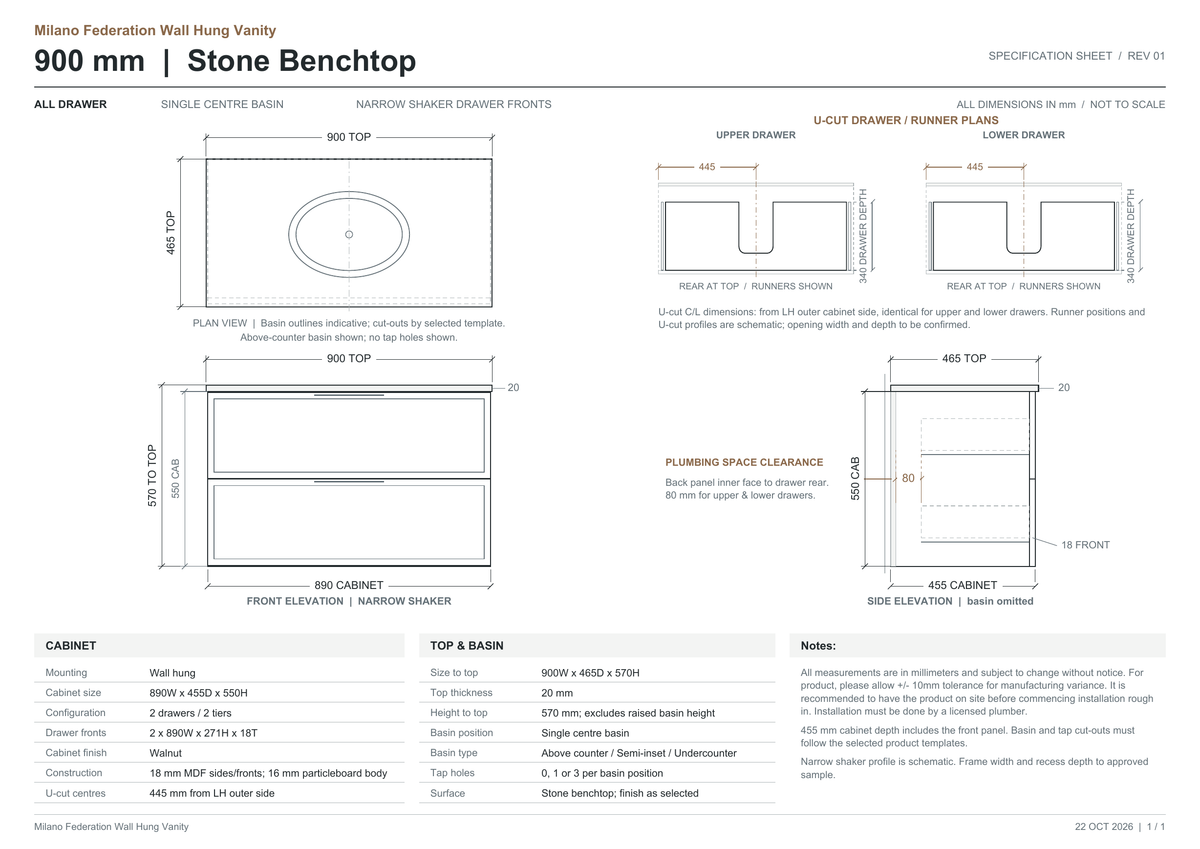 Milano Federation 900mm Walnut Stone Benchtop dimensions with narrow shaker drawers and U-cut plumbing clearance