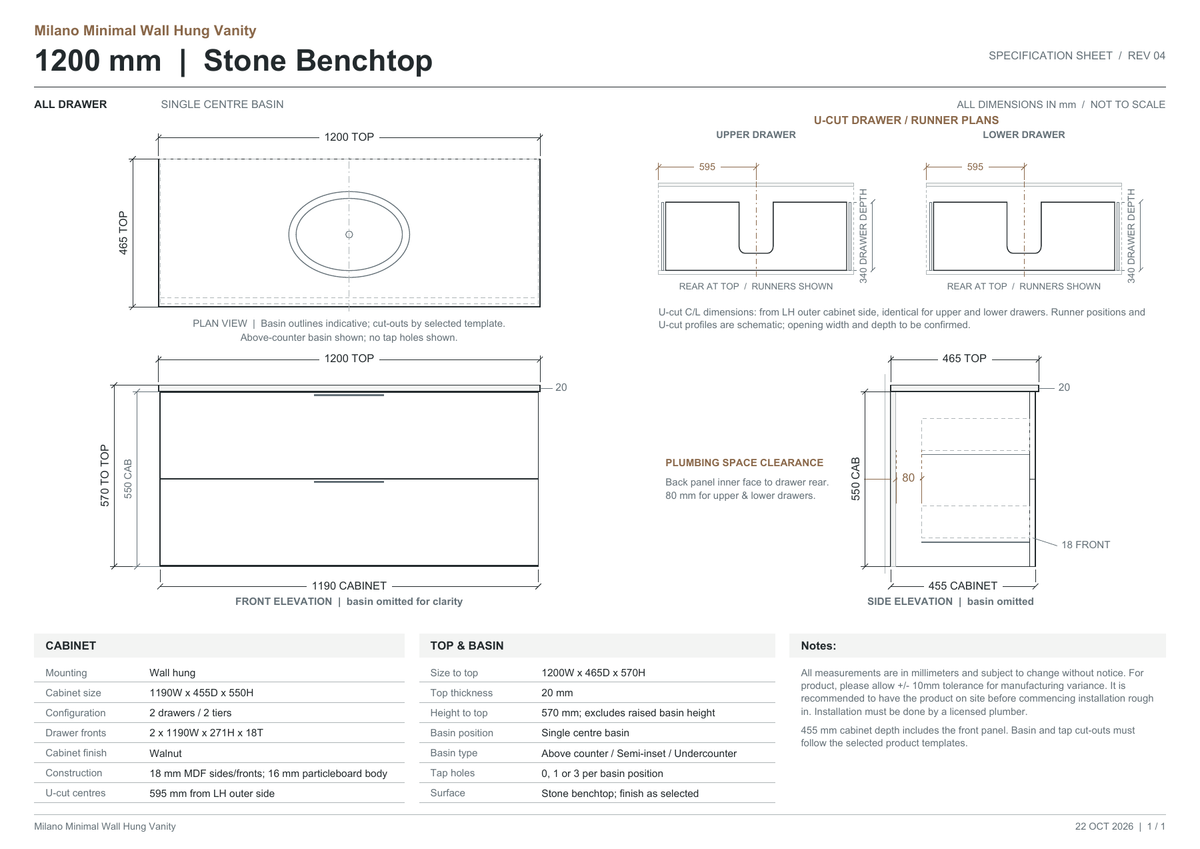 Milano Minimal Flat 1200mm Walnut – stone benchtop dimensions and drawer clearance