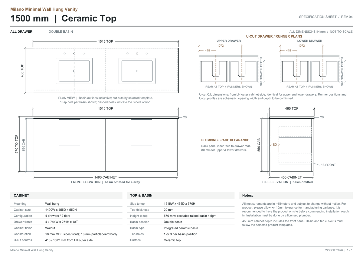 Milano Minimal Flat 1500mm Walnut – ceramic top dimensions and drawer clearance