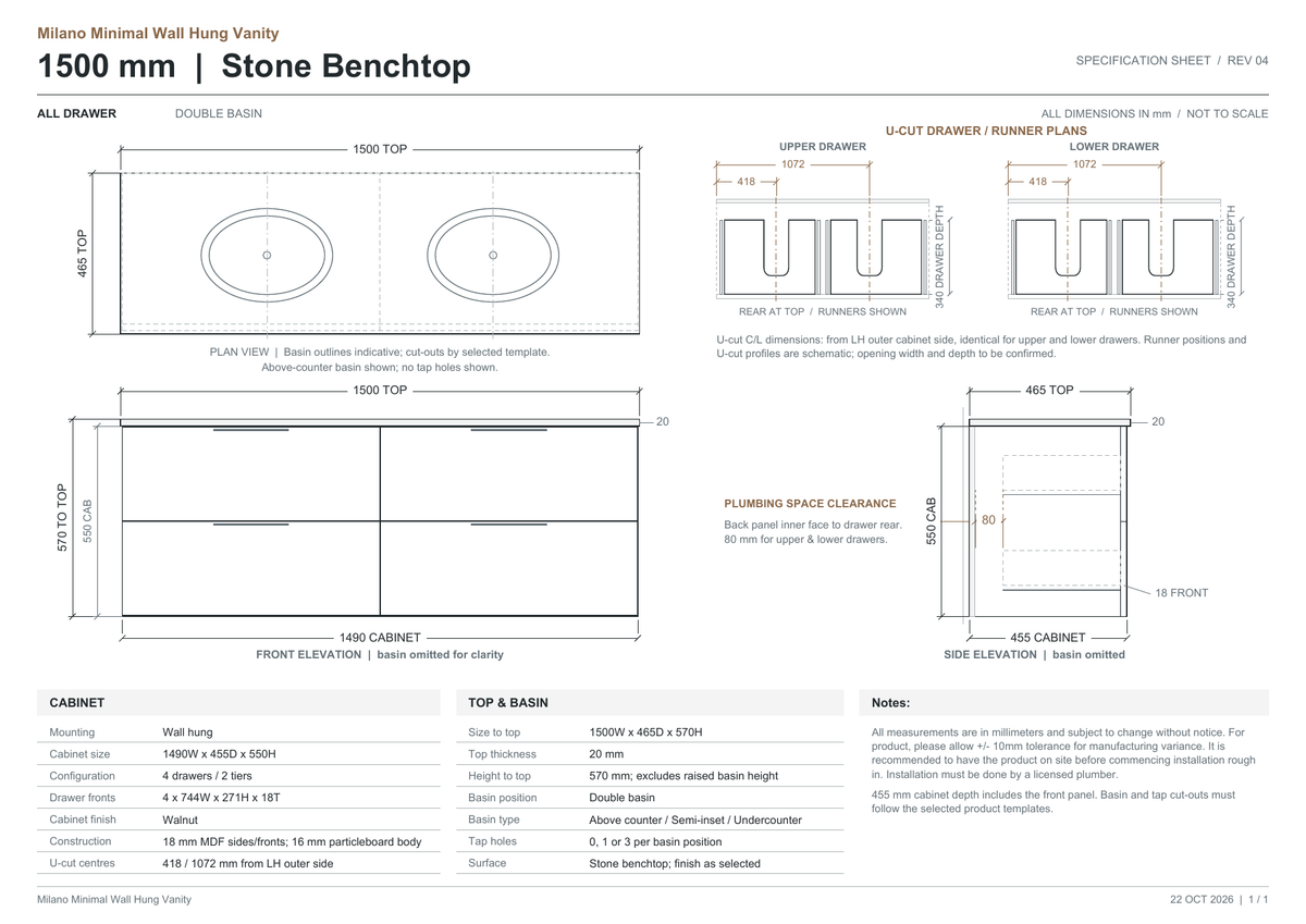 Milano Minimal Flat 1500mm Walnut – stone benchtop dimensions and drawer clearance