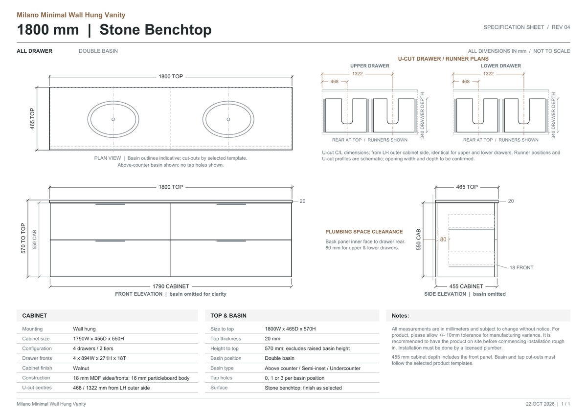 Milano Minimal Flat 1800mm Walnut – stone benchtop dimensions and drawer clearance
