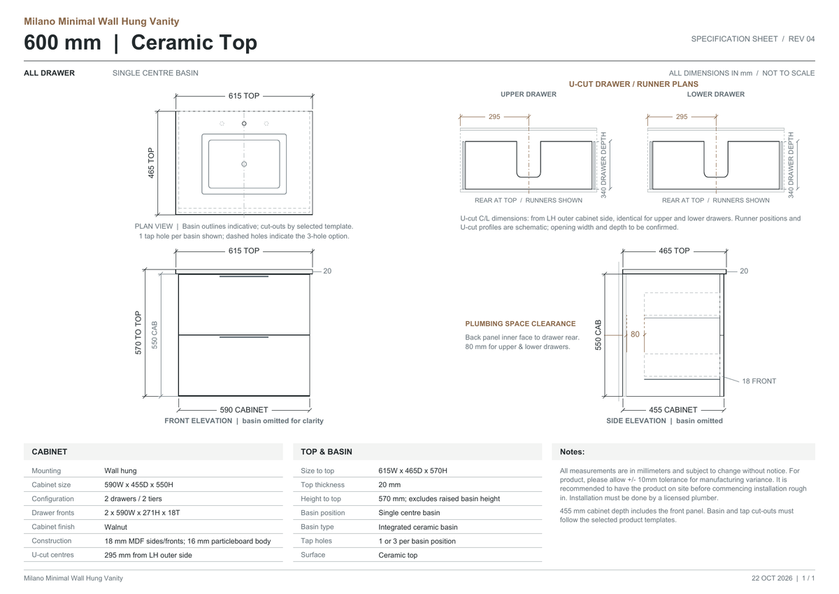 Milano Minimal Flat 600mm Walnut – ceramic top dimensions and drawer clearance