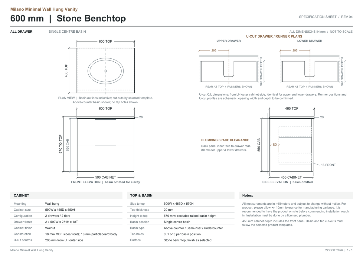 Milano Minimal Flat 600mm Walnut – stone benchtop dimensions and drawer clearance