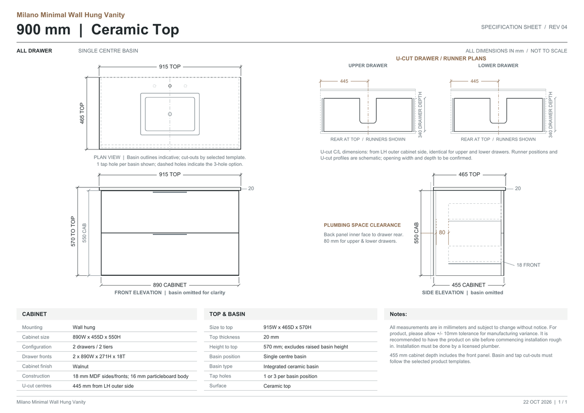 Milano Minimal Flat 900mm Walnut – ceramic top dimensions and drawer clearance