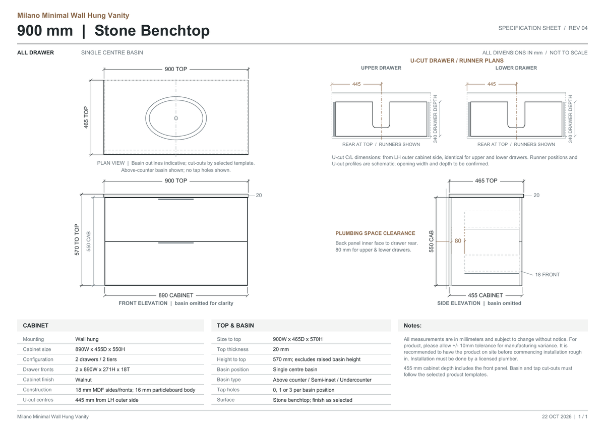 Milano Minimal Flat 900mm Walnut – stone benchtop dimensions and drawer clearance