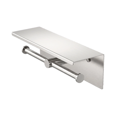 Nero Mecca Double Toilet Roll Holder With Shelf, Brushed Nickel