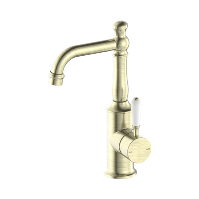 Nero York Basin Mixer With White Porcelain Lever, Aged Brass