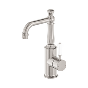 Nero York Basin Mixer With White Porcelain Lever, Brushed Nickel
