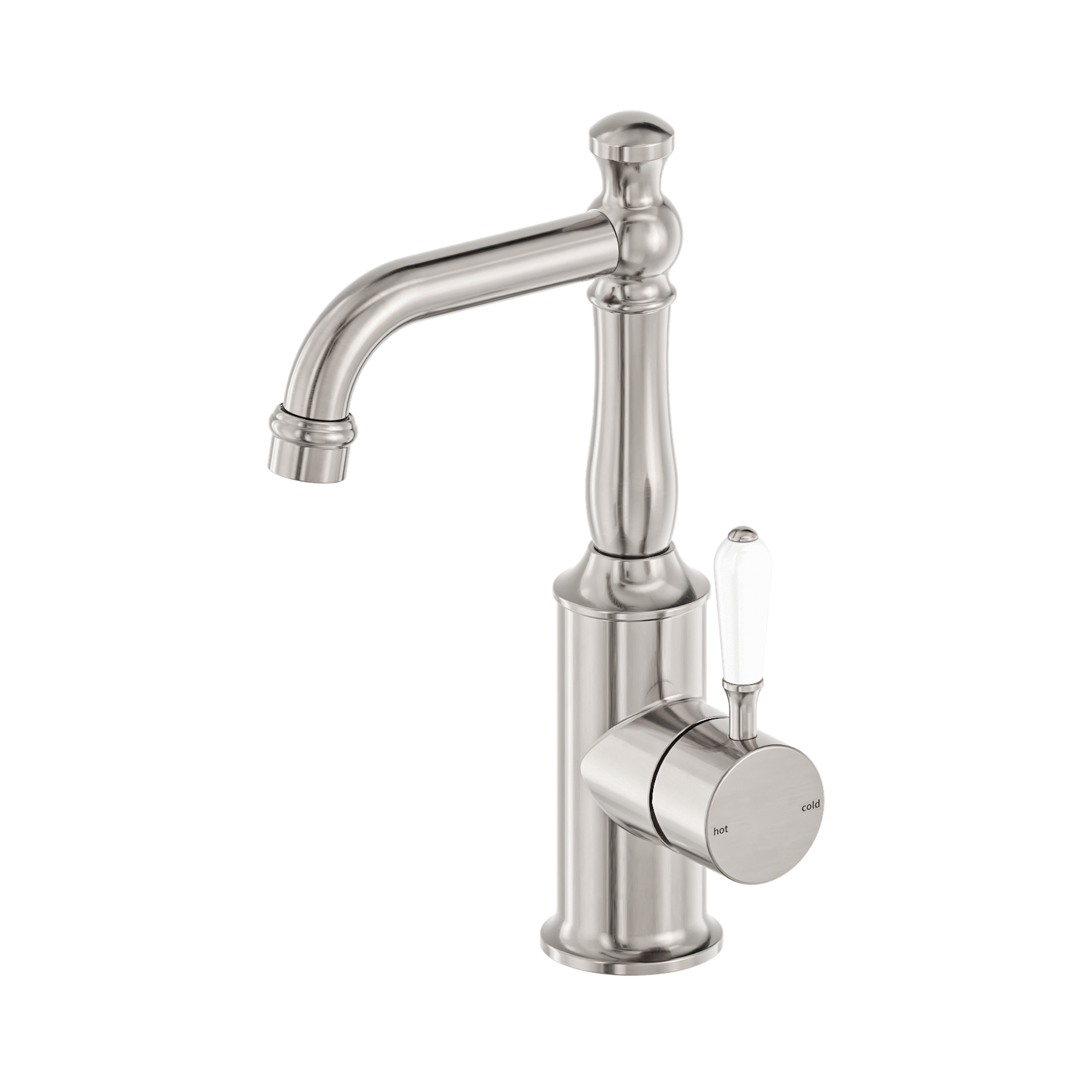 Nero York Basin Mixer With White Porcelain Lever, Brushed Nickel