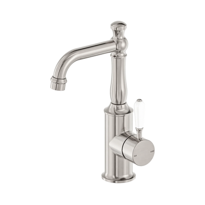 Nero York Basin Mixer With White Porcelain Lever, Brushed Nickel