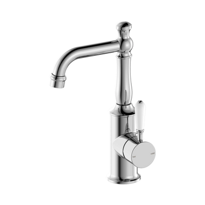 Nero York Basin Mixer With White Porcelain Lever, Chrome