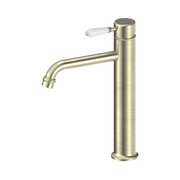 Nero York Straight Tall Basin Mixer With White Porcelain Lever Aged Brass