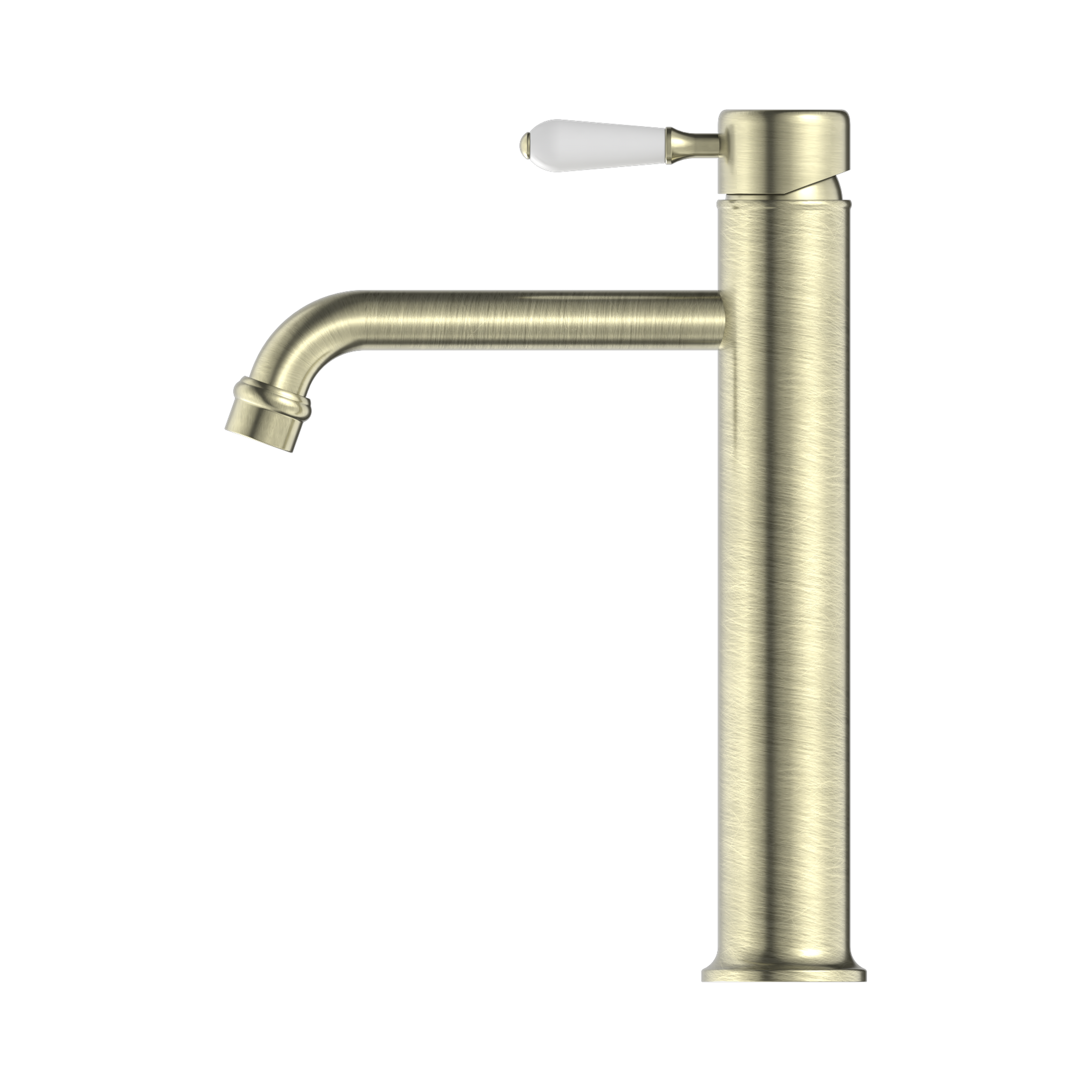 Nero York Straight Tall Basin Mixer With White Porcelain Lever Aged Brass